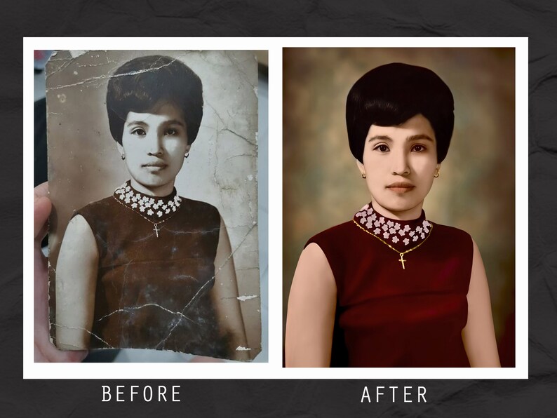 May include: A before and after photo restoration of a woman wearing a red dress and a gold necklace with a cross pendant. The before photo is faded and damaged, while the after photo is restored and colourised.