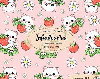 Kawaii Cat Strawberry Seamless Pattern, Pink Daisy Digital Paper (JPEG, PNG, PDF)