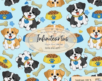 Puppy Dog Seamless Pattern with Food Bowls and Bones | Kawaii Pet Digital Paper