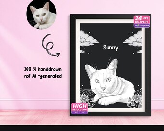 Custom Cat Portrait From Photo | Personalized Black and White Pet Art | Hand Drawn Cat Illustration Digital Download