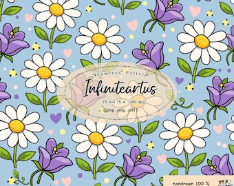 Kawaii Floral Seamless Pattern | White Daisies, Purple Flowers, Cartoon Style (Digital Download)