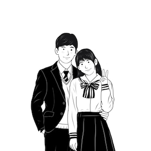 May include: Black and white illustration of a couple. The man wears a black suit, white shirt, and tie. The woman wears a white blouse with a black bow and a black skirt. The woman is giving a peace sign.