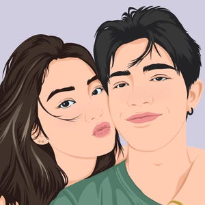 May include: A digital illustration of two individuals with dark hair. One individual has long dark hair and is puckering their lips, while the other has short dark hair, a small hoop earring, and a gold bracelet, wearing a green t-shirt.