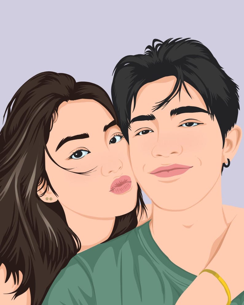 May include: A digital illustration of two individuals with dark hair. One individual has long dark hair and is puckering their lips, while the other has short dark hair, a small hoop earring, and a gold bracelet, wearing a green t-shirt.