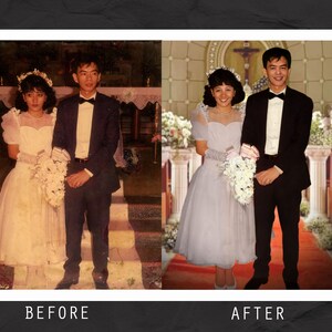 May include: A black and white photograph of a wedding couple, the groom in a black suit and the bride in a white dress, has been colour-ized. The couple are standing in front of a church altar with white flowers and a red carpet.