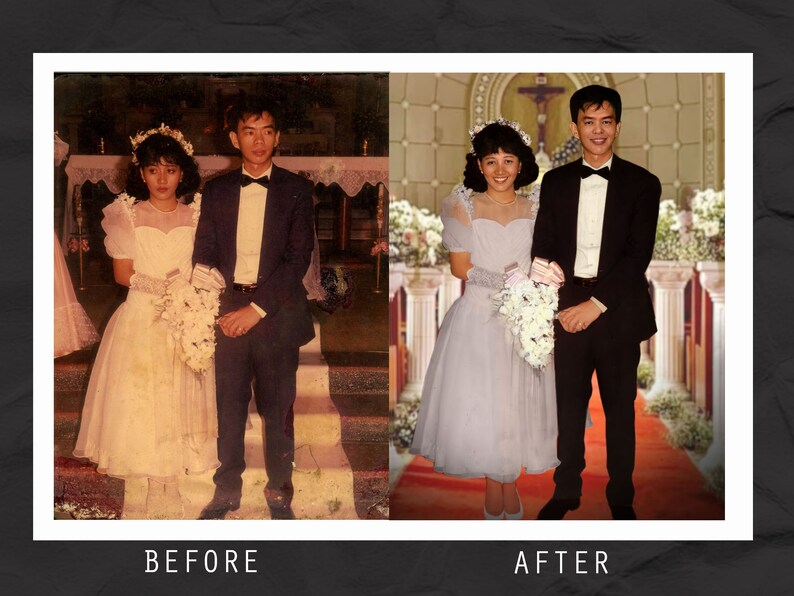 May include: A black and white photograph of a wedding couple, the groom in a black suit and the bride in a white dress, has been colour-ized. The couple are standing in front of a church altar with white flowers and a red carpet.