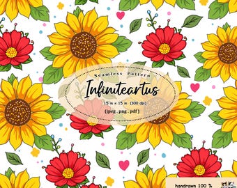 Sunflower Red Flower Seamless Pattern PNG | Cartoon Floral Digital Paper (Digital Download)