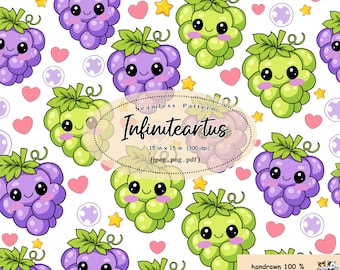 Kawaii Grapes Seamless Pattern | Hand-Drawn Fruit Background (Digital Download)