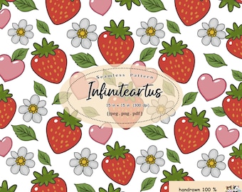Kawaii Strawberry Seamless Pattern, Pink Hearts Daisy Background, Digital Paper (PNG, PDF)