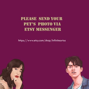 May include: A deep purple graphic featuring two illustrated portraits of individuals at the bottom. The text reads: PLEASE SEND YOUR PET'S PHOTO VIA ETSY MESSENGER, followed by the URL https://www.etsy.com/shop/Infiniteartus in white text.
