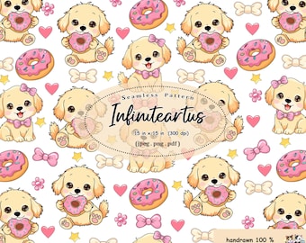 Golden Retriever Donut Pattern | Kawaii Puppy Seamless Digital Paper (PNG)