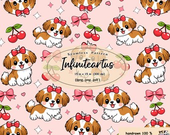 Shih Tzu Dog Seamless Pattern with Cherries | Kawaii Puppy Digital Paper