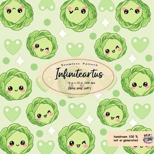Kawaii Cabbage Seamless Pattern PNG, Green Food Digital Paper