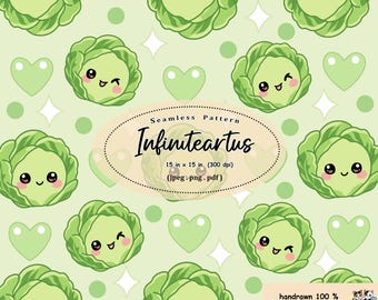 Kawaii Cabbage Seamless Pattern PNG, Green Food Digital Paper