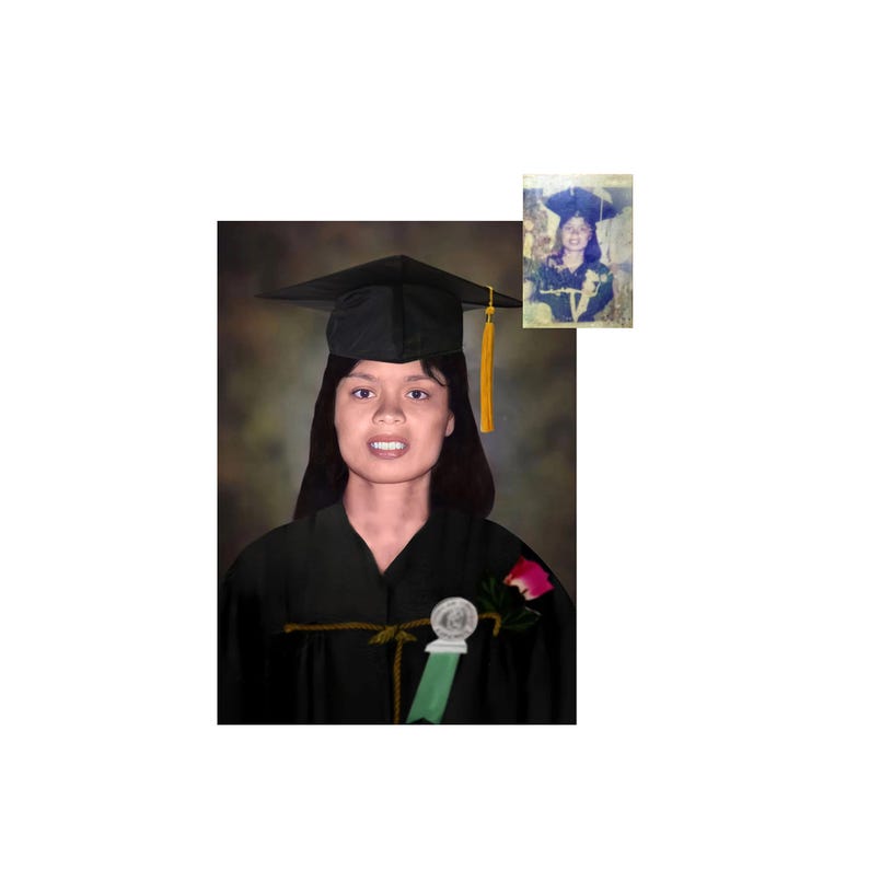 May include: A woman wearing a black graduation gown and cap with a gold tassel. She is smiling and has a rose pinned to her gown.