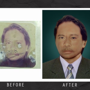 May include: Before and after photo restoration of a faded photograph of a man. The original photo is faded and damaged, while the restored photo shows a clear image of the man in a suit and tie.