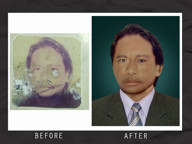 May include: Before and after photo restoration of a faded photograph of a man. The original photo is faded and damaged, while the restored photo shows a clear image of the man in a suit and tie.