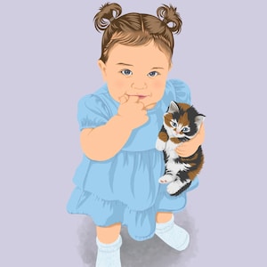 May include: A digital illustration of a toddler with brown hair styled in two small buns, wearing a light blue dress and white socks. The toddler is holding a small calico kitten with black, orange, and white fur against a solid light purple background.
