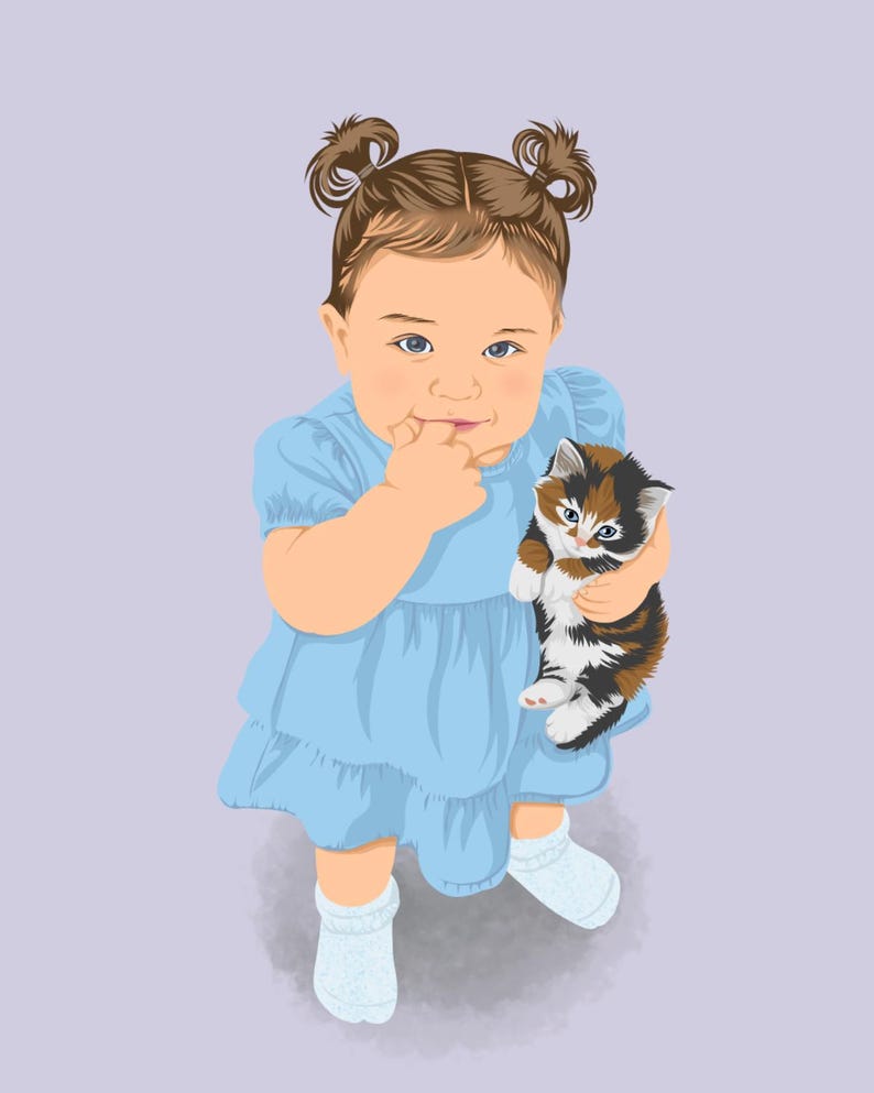 May include: A digital illustration of a toddler with brown hair styled in two small buns, wearing a light blue dress and white socks. The toddler is holding a small calico kitten with black, orange, and white fur against a solid light purple background.