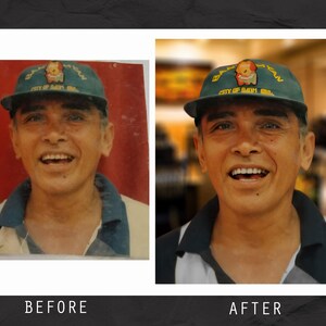 May include: Before and after photo of a man wearing a green baseball cap with the text "Batman City of San Juan, PR" on it. The man is smiling and has a white shirt on.