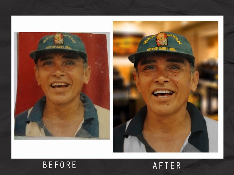 May include: Before and after photo of a man wearing a green baseball cap with the text "Batman City of San Juan, PR" on it. The man is smiling and has a white shirt on.