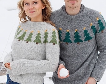 Men's Christmas jumper KNITTING KIT Merry Trees - Everything you need to make family matching sweater using Super soft baby alpaca yarn