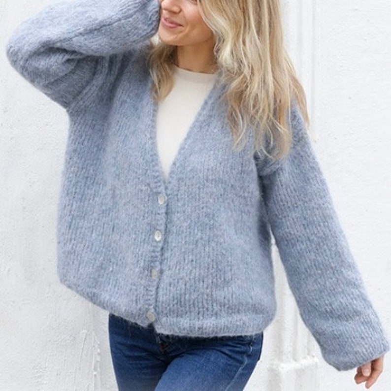 Fluffy V-neck Cardigan KNITTING KIT Open Sky Super soft Alpaca Merino yarn All you need in one kit to make this modern everyday cardigan image 1