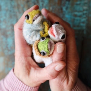 Puede incluir: Una colección de tres pequeñas figuras de rana hechas a mano. Las ranas están hechas de hilo en tonos verdes, amarillos y grises, con ojos negros. Las figuras de rana se sostienen en las manos de una persona.