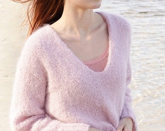 Fluffy Sweater KNITTING KIT Climbing Rose - Super soft Alpaca + Merino yarn! Everything you need to make this beautiful V-neck jumper top