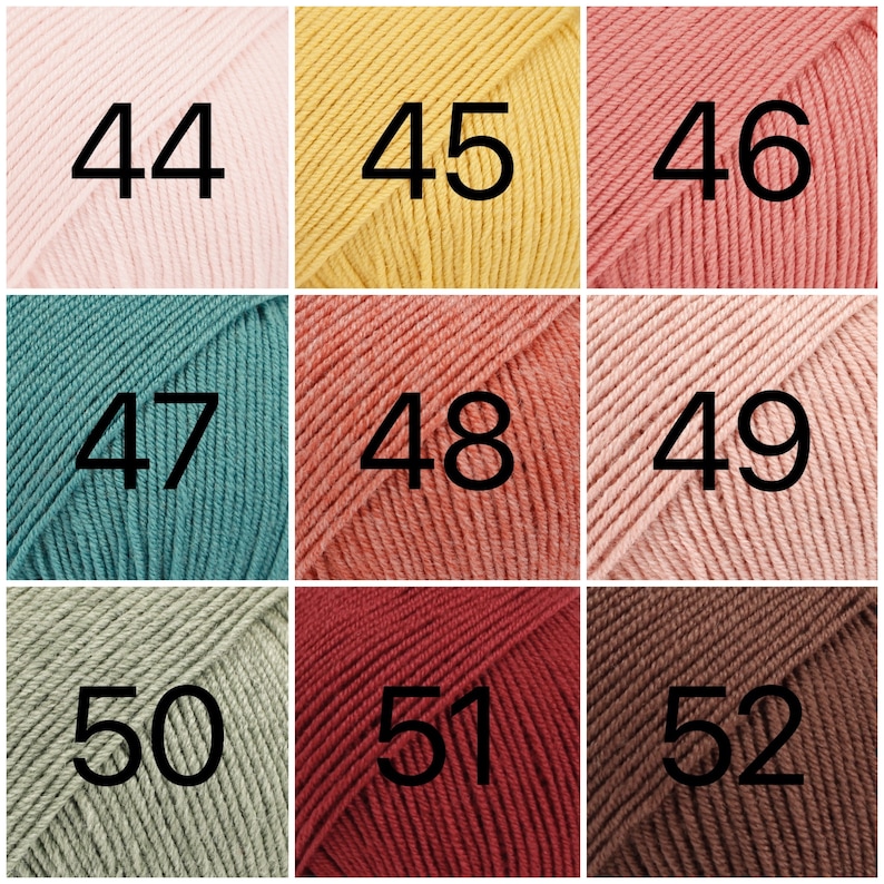 May include: A chart of yarn colors with numbers 44 through 52. The colors are pink, yellow, coral, teal, light pink, brown, green, red, and brown.