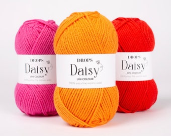 Laine mérinos DK ! DAISY - 100 % laine mérinos extra fine à double tricotage, 50 grammes, design Garnstudio Drops