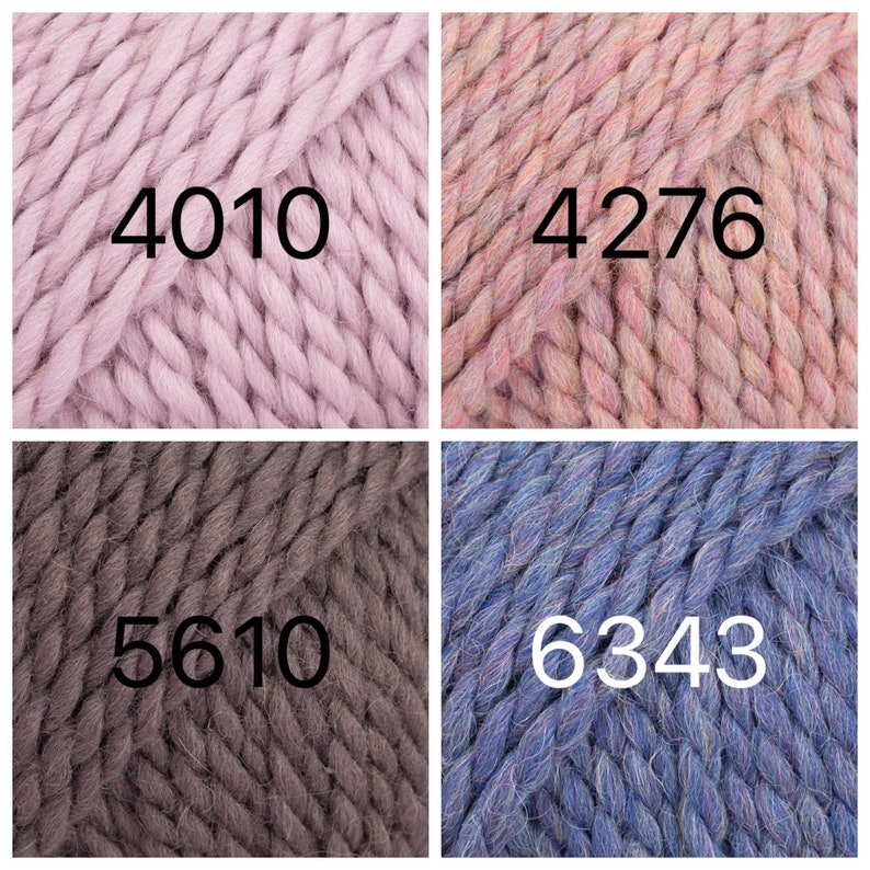 May include: Four yarn skeins in different colors: light pink, pink with a hint of orange, dark gray, and blue with a hint of purple. Each skein has a number printed on it: 4010, 4276, 5610, and 6343.