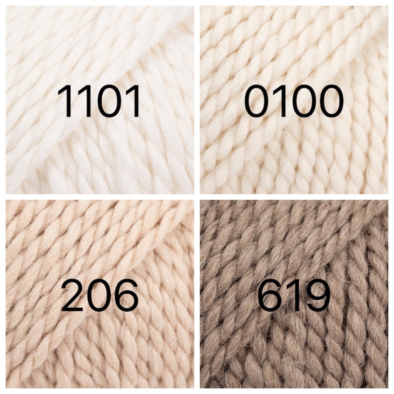 May include: Four yarn skeins in different colors: white, off-white, beige, and brown. The skeins are labeled with the numbers 1101, 0100, 206, and 619.