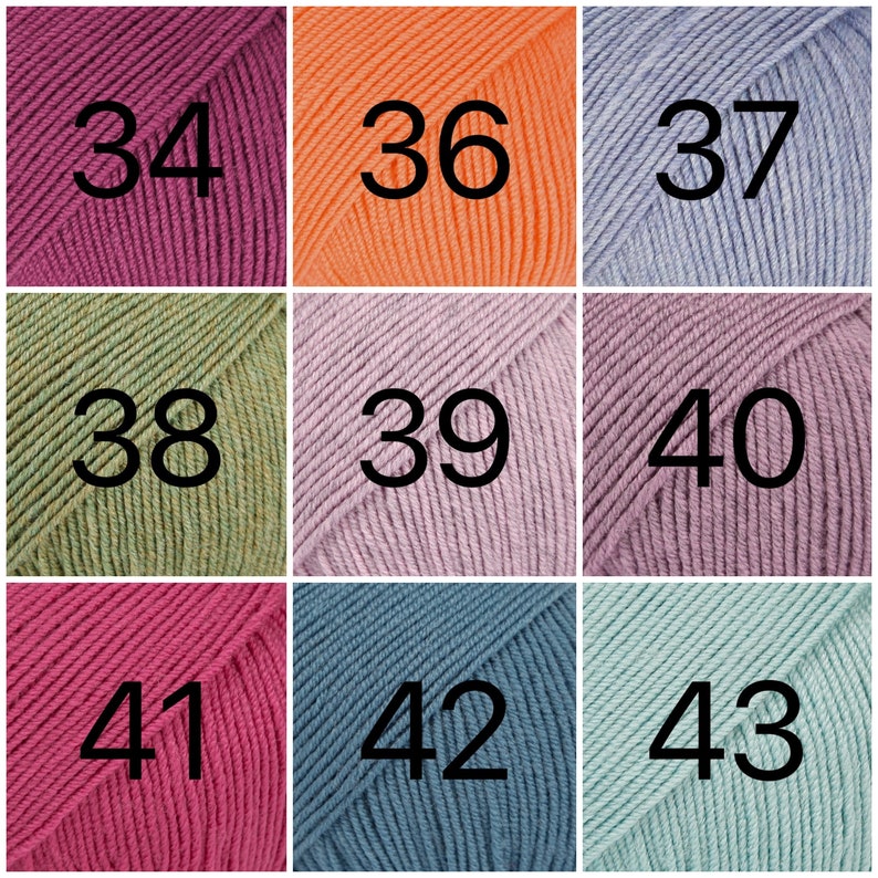 May include: Nine yarn balls in different colors with numbers 34 through 43 printed on them.