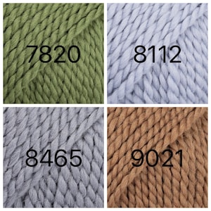 May include: Four skeins of yarn in different colors: green, light blue, gray, and brown. The yarn is chunky and has a textured look. The numbers 7820, 8112, 8465, and 9021 are printed on the yarn.