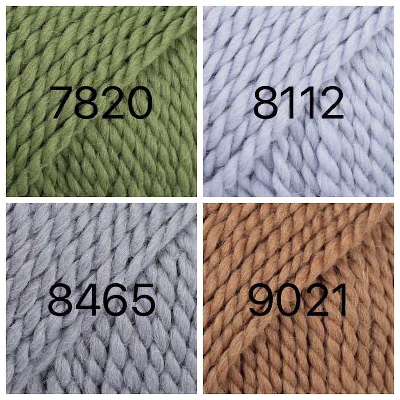 May include: Four skeins of yarn in different colors: green, light blue, gray, and brown. The yarn is chunky and has a textured look. The numbers 7820, 8112, 8465, and 9021 are printed on the yarn.
