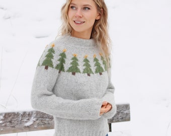 Women's Christmas Jumper KNITTING KIT Merry Trees - Everything you need to make matching lady's sweater using Super soft baby alpaca yarn