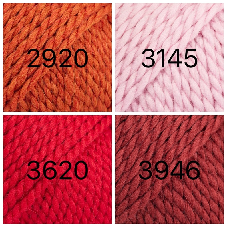 May include: Four yarn skeins in different colors: orange, pink, red, and burgundy. The yarn skeins are labeled with the numbers 2920, 3145, 3620, and 3946.