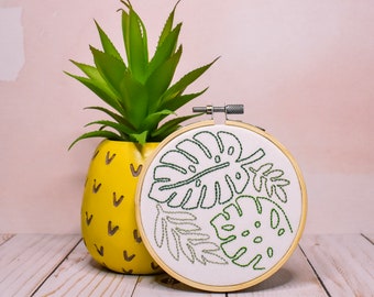 Tropical Embroidery, Tropical Decor, Tropical Art, Embroidery Hoop, Ready to Hang, Monstera, Hand Embroidery, Leaves, Tropical Decoration