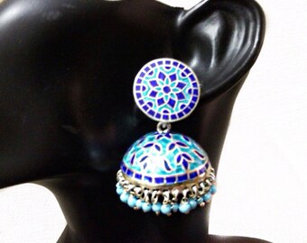 sterling Silver  jhumka Enamel work, meenakari, chandelier dangler, jhumki jhumka bollywood earrings