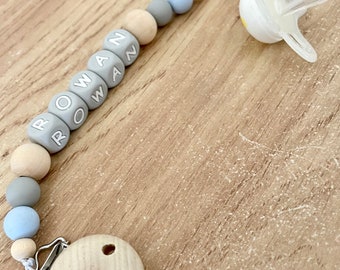 Personalised Dummy Clip Pacifier Chain Natural Soft blue baby boy
