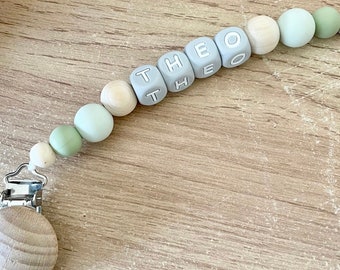 Personalised Dummy Clip Pacifier Chain Natural Soft blue baby boy