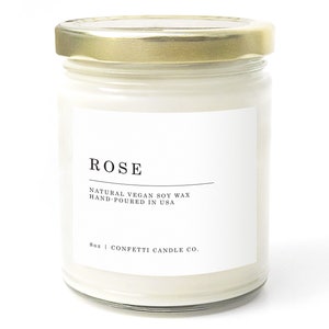 8 oz Rose Candle Gift, Natural Vegan Soy Wax, Floral Scented, Modern Cute Flower Candle