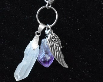 Amethyst-Quartz Angel Wing Necklace, Guardian Angel Necklace, Guardian Angel Amethyst and Quartz Necklace, Christmas Gift