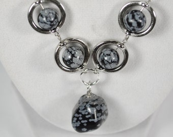 Snowflake Obsidian Boho Necklace, Healing Snowflake Obsidian Necklace,  Chakra Healing Necklace
