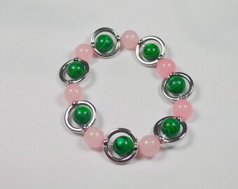 Rose Quartz and Malachite Bracelet, Malachite/Rose Quartz Valentine's Bracelet, Heart Chakra Healing Bracelet