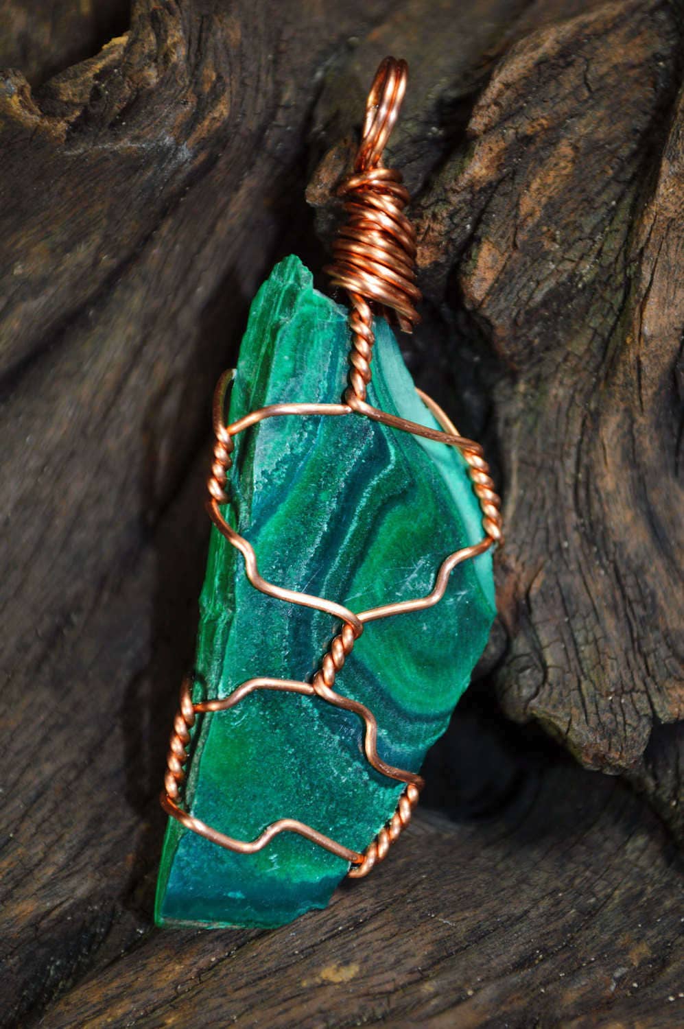 Wire Wrapped Malachite Heart Crystal Pendant Strength