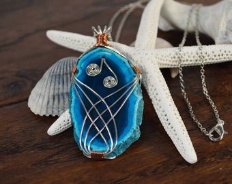 Sliced Raw Agate Necklace, Raw Sliced Agate Necklace, Healing Wire Wrapped Blue Agate Necklace,  Healing Crystal Necklace