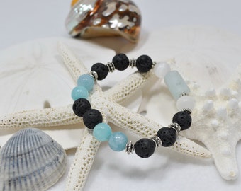 Aquamarine Beaded Bracelet, Aquamarine Diffuser Bracelet, March Birthstone, Aromatherapy Bracelet, Aquamarine with Selenite-Lava Stone