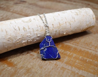 Lapis Necklace, Silver Wrapped Lapis Necklace, Lapis Lazuli Necklace, Throat Chakra Healing Necklace